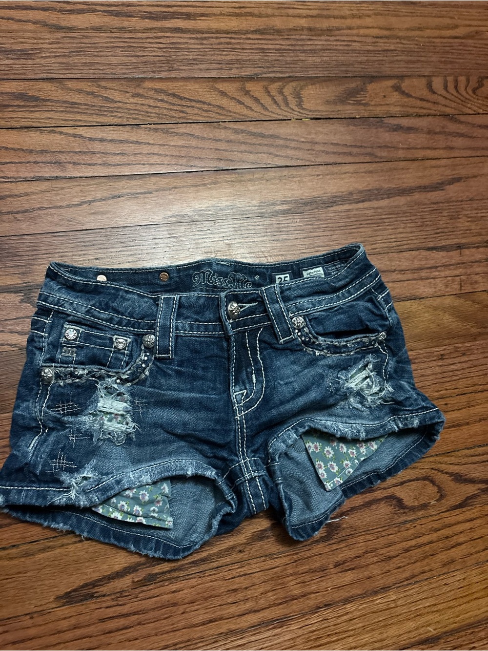 Miss Me Dark Indigo Distressed Floral Patch Denim Shorts